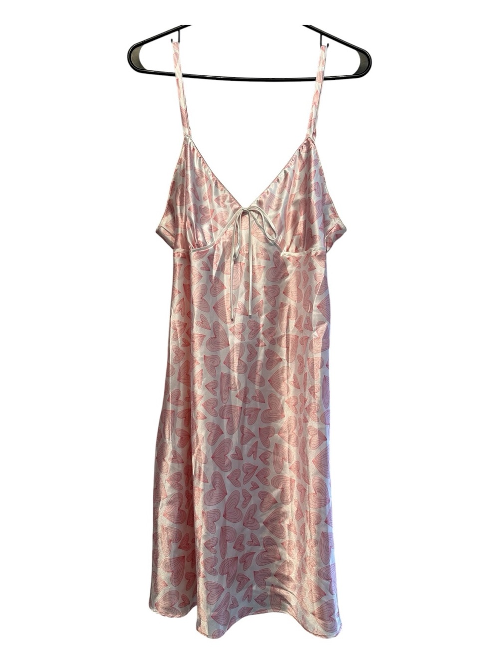 Vintage Y2K Adonna Tie-Back Pink Heart-Print Satin Slip Dress Size Large